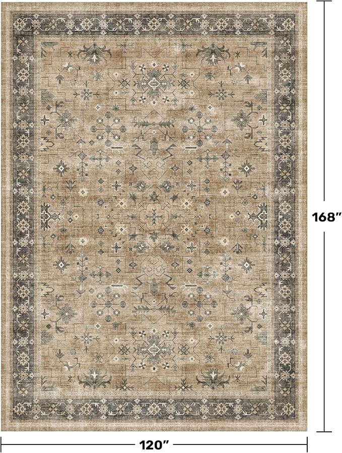 Vintage Taupe and Sage 10x14 Living Room Rug, Oriental Large Area Rug for Dining Room Under Table, Natural Washable Low Pile Bedroom Carpet, Non-Slip Stain Resistant Indoor Door Mat