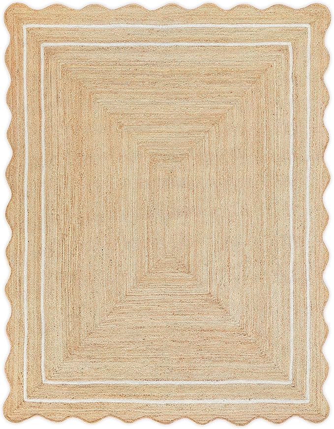 Scalloped Natural Jute Rug - Boho Jute Entryway Runner, Off White (10'x14')