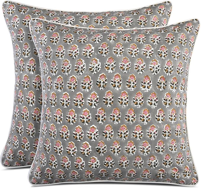CPC 100% Cotton Throw Pillow Covers 18x18 Inch, Set of 2 Gray Block Print Pattern Couch Pillow, Cute Boho Decorative Pillows for Living Room, Bedroom with Hidden Zipper- Labra Gray