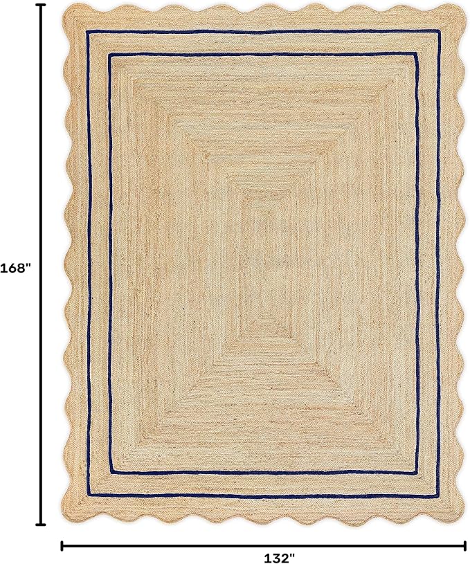 Wave Scalloped Natural Jute Rug Boho Jute Rug Entryway Runner Rug Farmhouse Scallop Rug, Navy (11'x14')