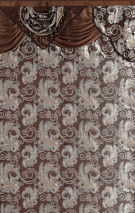 GLORY RUGS Jacquard Luxury Window 2 Panel Set Brown Curtain with Attached Valance and Backing Bedroom Living Room Dining 2 Curtains 55x84 inches Each Jana