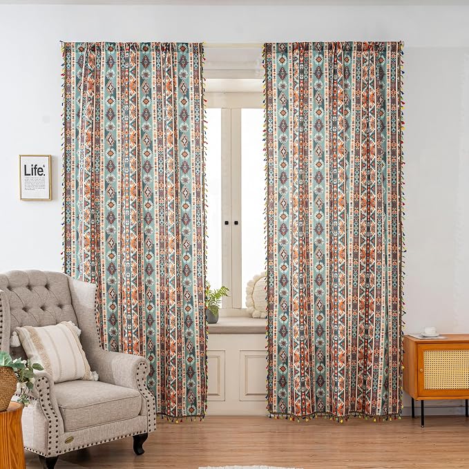 Teal Orange Geometric Curtains 54 Inches Long, Boho Farmhouse Light Filtering Rod Pocket Drapes with Tassel Trim for Bedroom Living Room, 2 Panels