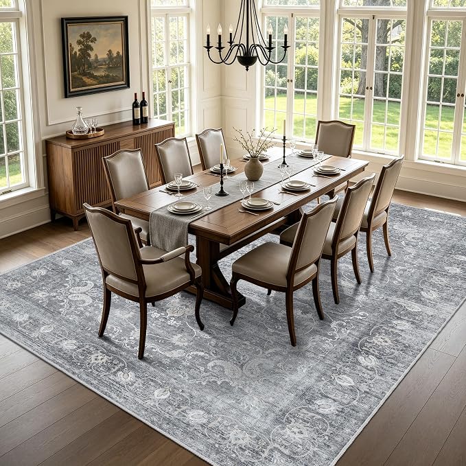 8x10 Area Rugs for Living Room, Vintage Boho Carpet for Bedroom, Gray | TTelephant Washable Low Pile Indoor Area Rug for Dining Room with Non-Slip Silicone Backing, Stain Resistant