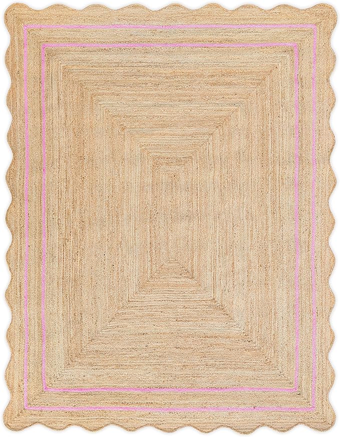 Jute Wave Scalloped Boho Jute Runner Rug, Light Pink (6'x9')