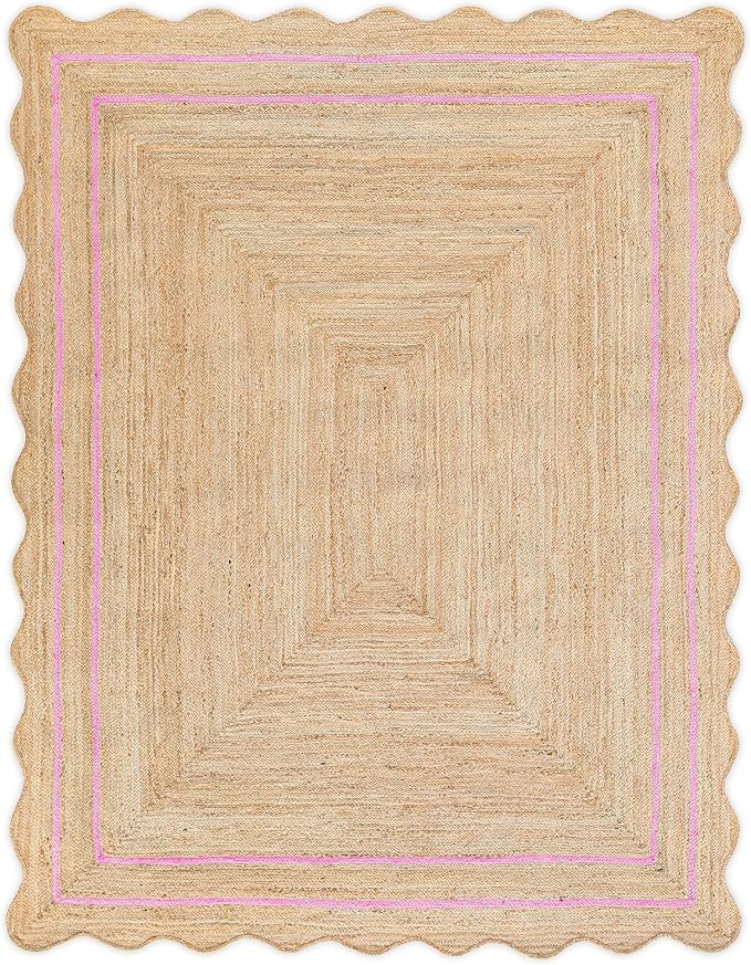 Wave Scalloped Natural Jute Runner, Light Pink (2'x3'): Boho Farmhouse Scallop Entryway Rug