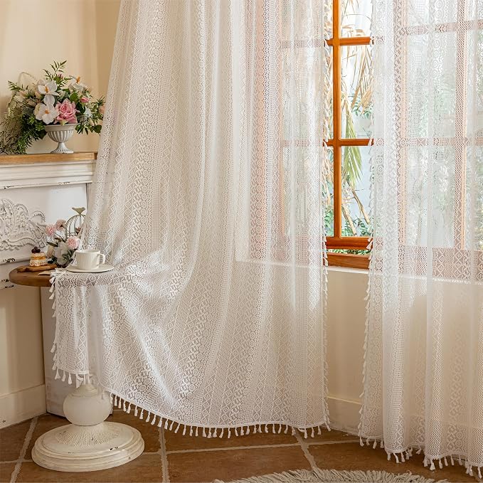 Sutuo Home Boho Lace Curtains 84 Inches Long for Bedroom&Living Room, Bohemian Crochet Privacy Farmhouse Vintage Chic Tassels Ivory Retro Window Sheer Curtains Decor Rod Pocket, 2 Panels 50" W,White