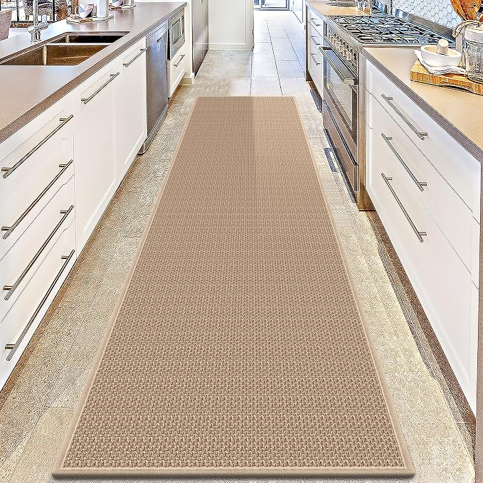 12ft Natural Jute Hallway Runner Rug Non Slip Washable, Rubber Backed Long Khaki Indoor Entryway Runner, Absorbent Kitchen Carpet Sink Rug