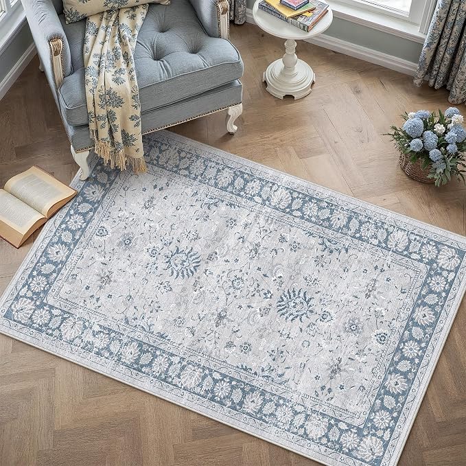 PureCozy 3x5 Area Rug Blue Washable Entryway Vintage Carpet Office Small Non Slip Stain Soft Resistant Low Pile Thin Boho Accent Indoor Throw Rug for Laundry Kitchen Bathroom Entrance Bedroom