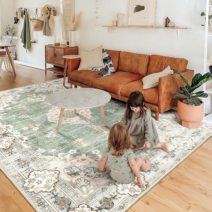 MUJOO Green Rug Washable,6x9 Area Rugs Non Slip Low-Pile Floral Large | Machine Washable Throw Carpet for Living Room Bedroom Dining Room Boho Soft Indoor Vintage Abstract Flowers Sage Green