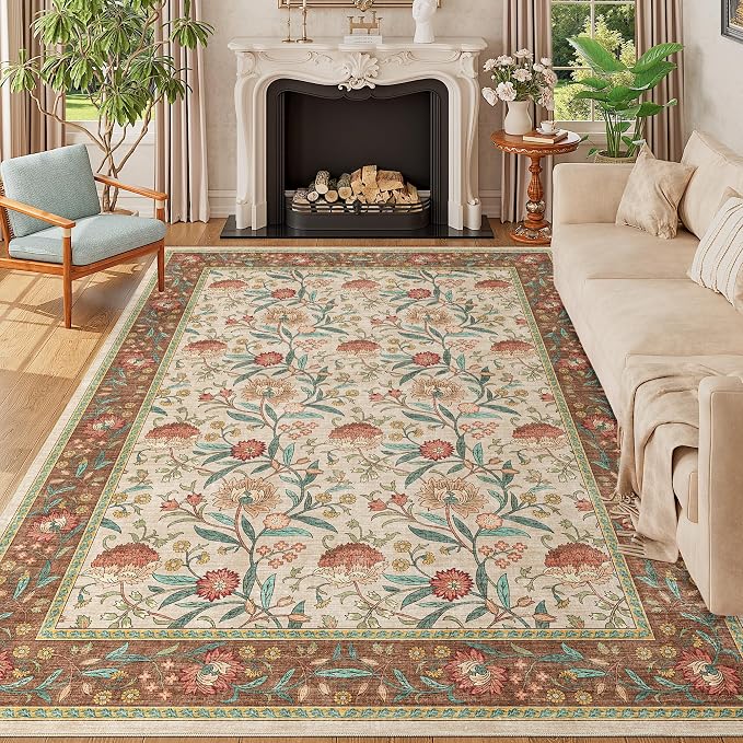 DUKINO 6x9 Area Rug, Vintage Floral Washable Rugs for Living Room, Brown | Non Slip, Low Pile, Non-Shedding, Stain Resistant Soft Large Carpet for Bedroom Home Office Dining Room Farmhouse, Home Decor