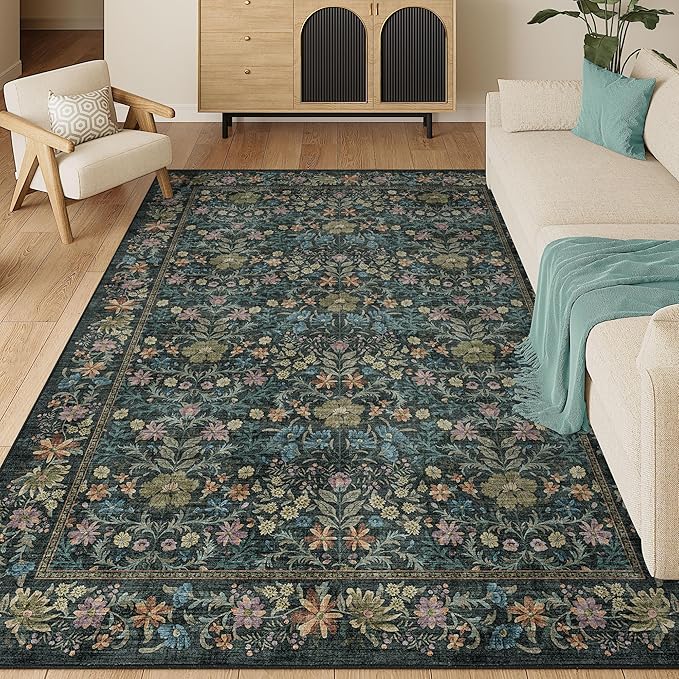 DUKINO 6x9 Area Rug, Vintage Floral Washable Rugs for Living Room, Blue | Non Slip, Low Pile, Non-Shedding, Soft Indoor Large Carpet for Bedroom, Office, Dining Room, Farmhouse, Nursery, Home Decor