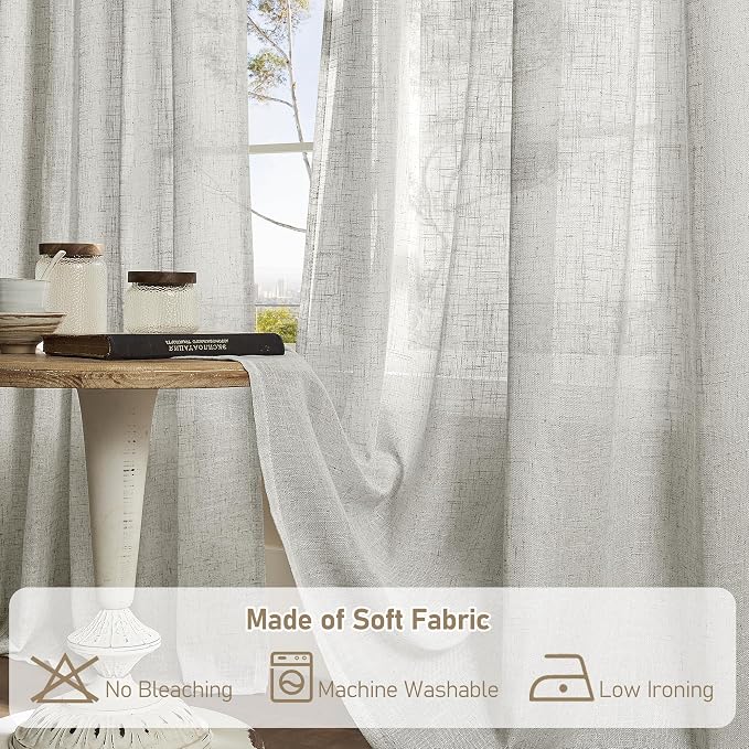 LAMIT Faux Linen Curtains 63 inches Long for Bedroom, Back Tab and Rod Pocket Thick Linen Drapes Light Filtering Semi Sheer Window Curtains for Living Room, 2 Panels (52 x 63 Inch, Light Grey)
