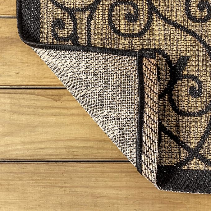 JONATHAN Y Vintage Filigree Indoor Outdoor Runner Rug 2X20 Black/Khaki, Madrid Textured Weave for Backyard, Patio, Porch, Easy-Cleaning, High Traffic, Pet-Friendly, Non-Shedding (SMB107A-220)