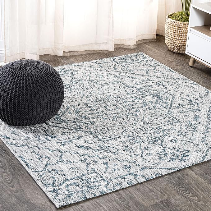 JONATHAN Y Boho Medallion Indoor Outdoor Square Area Rug 6X6 Teal/Gray, Estrella Textured Weave for Backyard, Patio, Porch, Easy-Cleaning, High Traffic, Pet-Friendly, Non-Shedding (SMB105C-6SQ)