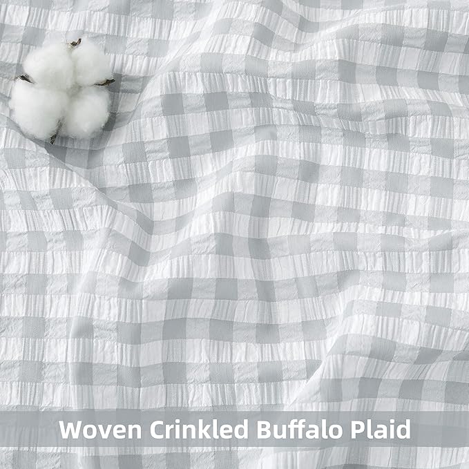 ZJDECOR Grey White Buffalo Plaid Sheer Curtains 84 Inches Length,Rod Pocket | Cozy Ruffle Not-See-Through Sheer Crinkle Drapes,Rustic Window Treatment for Bedroom Living Room,40"Wx84"L(Pack of 2)