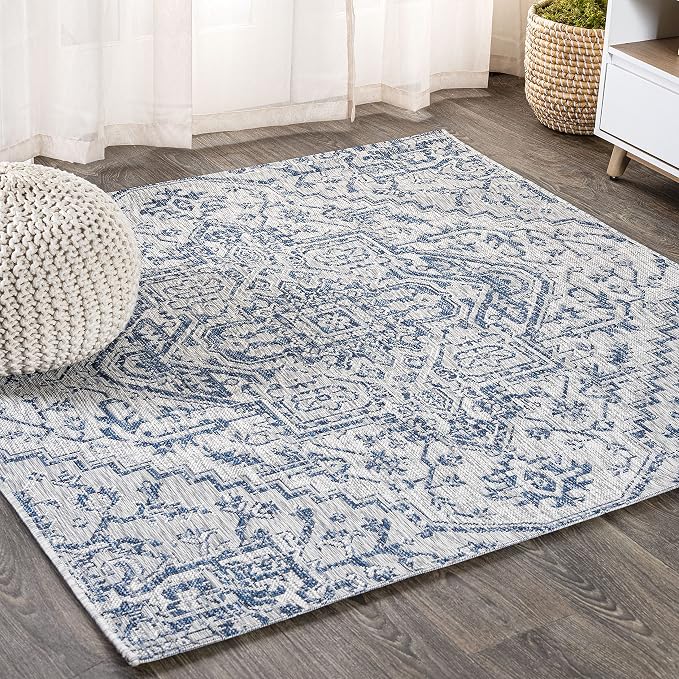 JONATHAN Y Boho Medallion Indoor Outdoor Square Area Rug 9X9 Navy/Gray, Estrella Textured Weave for Backyard, Patio, Porch, Easy-Cleaning, High Traffic, Pet-Friendly, Non-Shedding (SMB105B-9SQ)