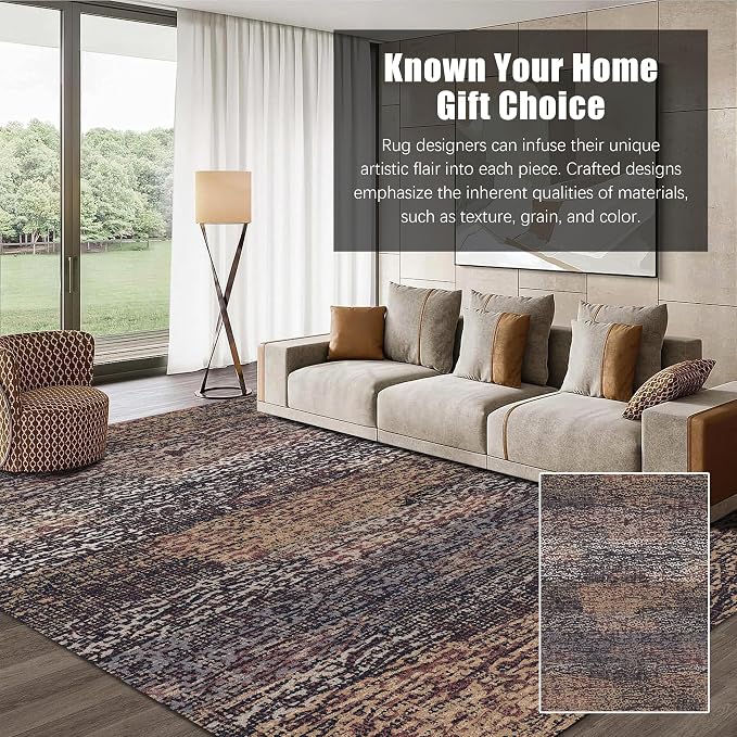 RUGSURE Washable Area Rug - 1/6" Thick Low Pile - Stain & Water Resistant Non-Slip Backing - Pet & Child Friendly Vintage Abstract Design in Multi-Tone Rust Brown, Blue & Beige (3' x 5')