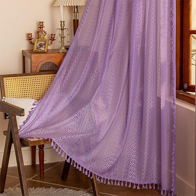 Sutuo Home Lavendar Boho Curtains 84 inches Long for Bedroom Living Room, Purple Lace Sheer Curtains Crochet Bohemian Privacy Farmhouse Vintage Tassels Rustic Chic Decor Rod Pocket, 2 Panels 50" W