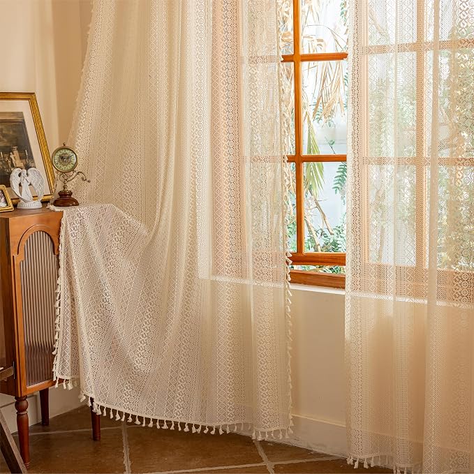 Sutuo Home Beige Boho Lace Curtains 96 inches Long for Living Room Dining Room,Sheer Window Curtains Farmhouse Privacy Crochet Vintage Tassels Rustic Victorian Style Rod Pocket Decor, 2 Panels 50" W
