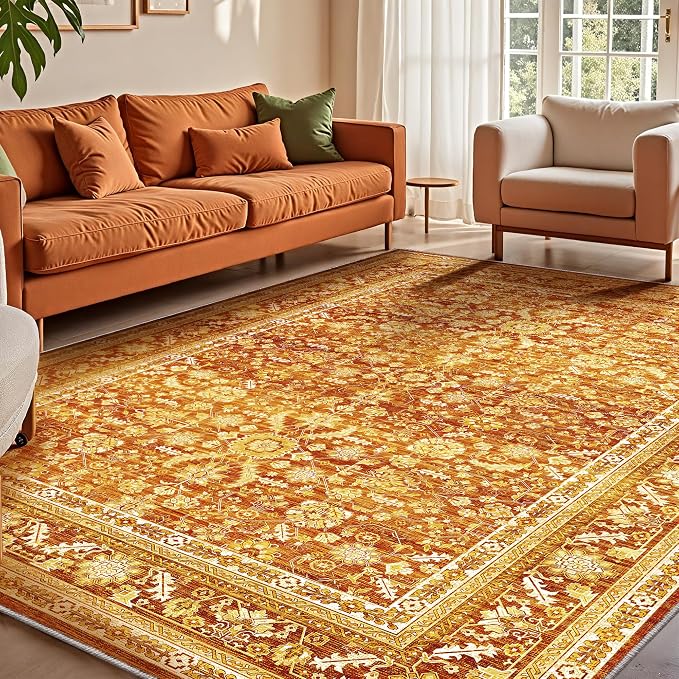 OPPODREAM Vintage Orange Area Rugs 6x9, 6 x 9 Retro Washable Rug Non Slip, Low-Pile Faux Wool Carpet, Distressed Floor Mat for Living Room, Bedroom, Kitchen, Office, Dorm, Dinning Room