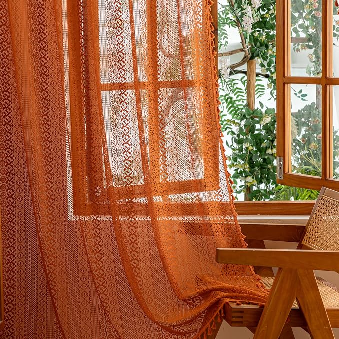 Sutuo Home Boho Sheer Curtains 63 Inch Length for Kitchen Nursery, Lace Curtains Burnt Orange Crochet Vintage Country Tassels Bohemian Privacy Rustic Geometry Rod Pocket, 2 Panels 50" x 63" Terracotta