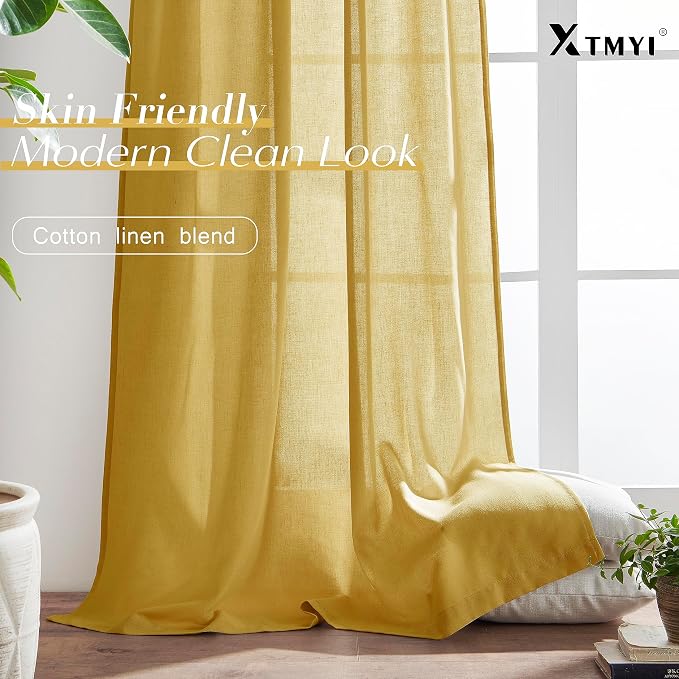 XTMYI Mustard Yellow Sheer Curtains 84 Inches Long for Spring Living Room 2 Panels Set Linen Textured Back Tab Pleated Gold Yellow Boho Retro Curtains for Bedroom Dining Room Kids Playroom,7ft Length