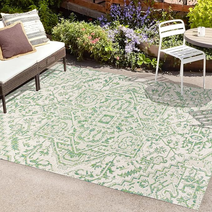 JONATHAN Y Boho Medallion Indoor Outdoor Area Rug 8X10 Green/Cream, Estrella Textured Weave for Backyard, Patio, Porch, Easy-Cleaning, High Traffic, Pet-Friendly, Non-Shedding (SMB105G-8)