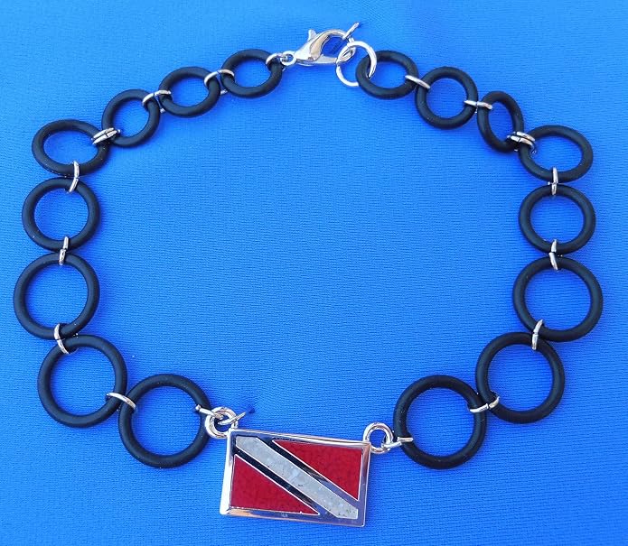 Dive Flag Anklet or Bracelet - Tarnish-Free Rhodium-Plated Bronze or Brass, with Inlay of Simulated Red Coral and Mother-of-Pearl Chips, with O-Ring "Chain" (7", 8" or 9") (9)