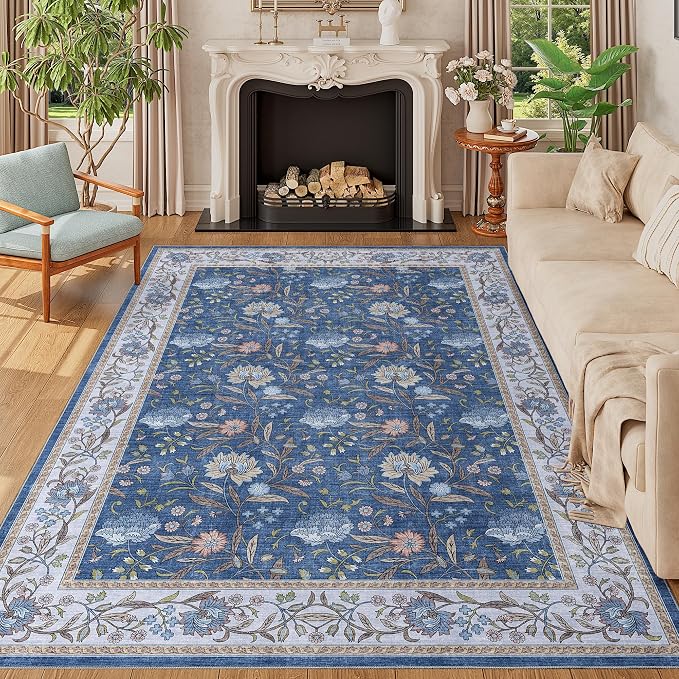 DUKINO 5x7 Area Rug, Vintage Floral Washable Rug for Living Room, Sky Blue | Non Slip, Low Pile, Non-Shedding, Stain Resistant Lightweight Boho Soft Carpet for Bedroom Home Office Dining Room Farmhouse