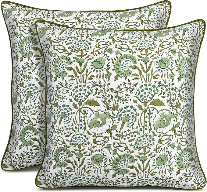 CPC 100% Cotton Throw Pillow Covers 18x18 Inch, Set of 2 Green Block Print Pattern Couch Pillow, Cute Boho Decorative Pillows for Living Room, Bedroom with Hidden Zipper- Agate Green