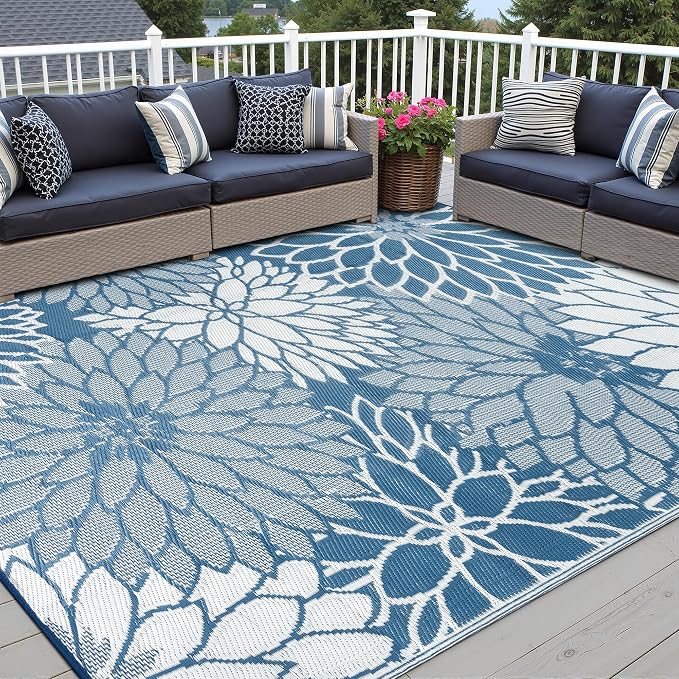 HUGEAR 5'x8' Outdoor Rug Waterproof Plastic Straw Rugs Blue Reversible Floral Mat Floor Carpet for Camping RV Deck Entryance Porch Picnic Balcony Beach Backyard
