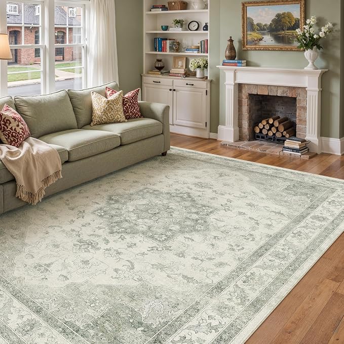 PureCozy Green Area Rug 6x9 Washable Living Room Carpet Vintage Non Slip Soft Bedroom Indoor Office Retro Low Pile Thin Oriental Medallion Large Rug for Dining Room Playroom