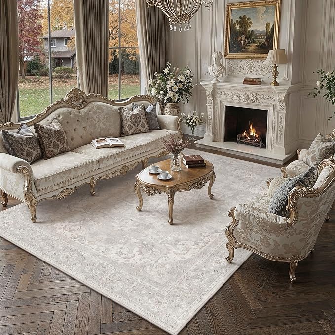 PureCozy 8x10 Area Rug Washable Grey Vintage Oriental Medallion | Non Slip, Soft Low Pile, Indoor Carpet for Living Room, Bedroom, Dining Room, Retro Decor