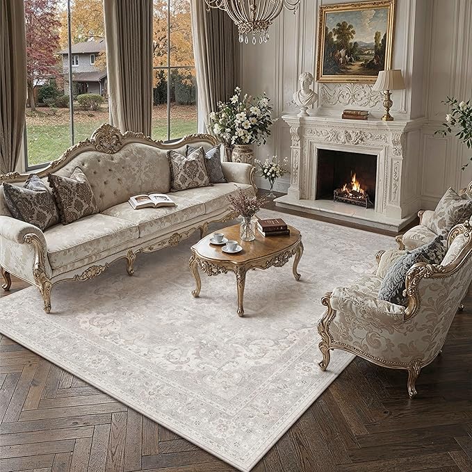 PureCozy 9x12 Area Rug Washable Grey Vintage Oriental Medallion | Non Slip, Soft Low Pile, Indoor Carpet for Living Room, Bedroom, Dining Room, Retro Decor