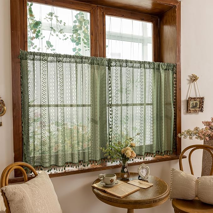 Sutuo Home Boho Closet Curtains for Kitchen Window Over Sink, French Country Lace Sheer Privacy Vintage Chic Tassels Cottage Bohemian Style Rustic Rod Pocket Decor, 50" x 36" Olive Green 2 Panels
