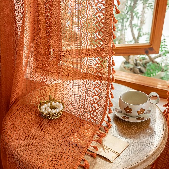 Sutuo Home Terracotta Boho Sheer Curtains 72 inches Long for Nursery Bedroom, Lace Curtains Bohemian Burnt Orange Privacy Crochet Light Filtering Vintage Tassels Halloween Rod Pocket, 2 Panels 50" W