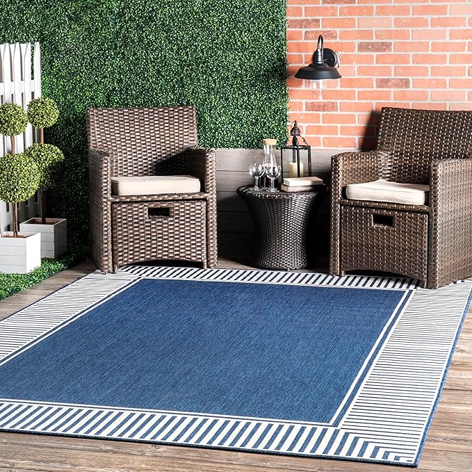 Nuloom Asha Navy/Ivory, 9'6" x 12', Casual, Striped Border, Soft and Cozy, High Traffic, Easy Clean, Durable Area Rug for Indoor/Outdoor Patio, Deck, Porch, Garden, Courtyard