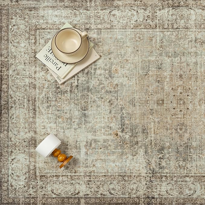 PureCozy 5x7 Area Rug Washable Sage Vintage Traditional Oriental | Non Slip, Soft Low Pile, Indoor Carpet for Bedroom, Living Room, Dining Room, Distressed Retro Decor