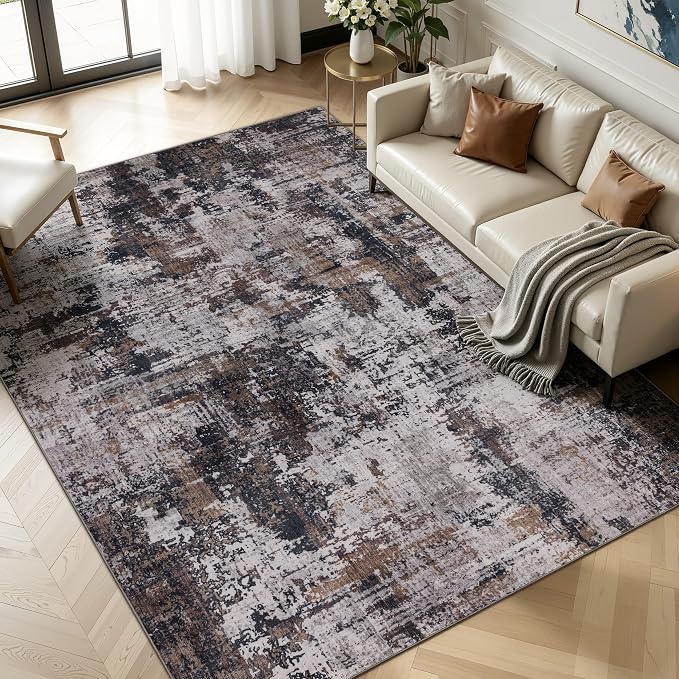 Sasttie 9x12 Soft Area Rug for Living Room, Modern Abstract Washable Large Carpet for Bedroom, with Non-Slip Backing, Black and Brown