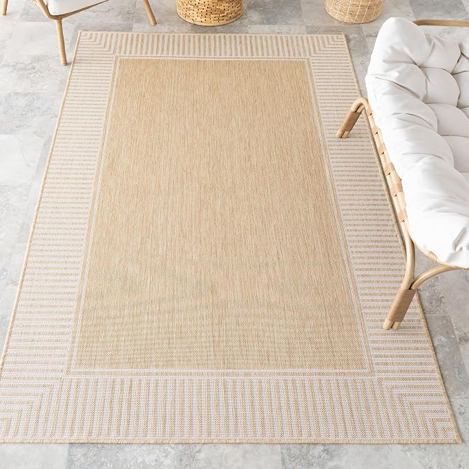 Nuloom Asha Tan/Ivory, 9'6" x 12', Casual, Striped Border, Soft and Cozy, High Traffic, Easy Clean, Durable Area Rug for Indoor/Outdoor Patio, Deck, Porch, Garden, Courtyard