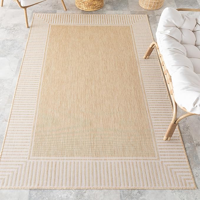 Nuloom Asha Tan/Ivory, 10' x 14', Casual, Striped Border, Soft and Cozy, High Traffic, Easy Clean, Durable Area Rug for Indoor/Outdoor Patio, Deck, Porch, Garden, Courtyard