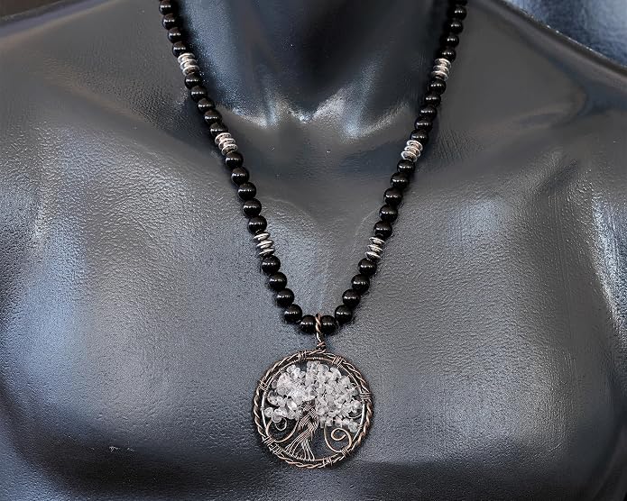 ElisaJewelryArt - Natural Amethyst Big Tree Of Life Pendant Black Onyx Stone Beaded Necklace Genuine Gemstone Feng Shui Stone Clasp Closure Necklace Unisex Necklace