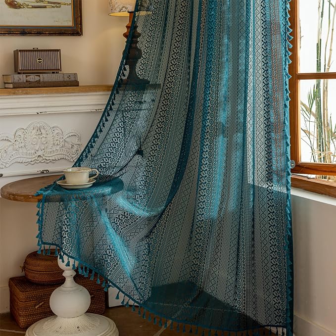 Sutuo Home Teal Boho Curtains 84 inches Long for Bedroom Living Room, Turquoise Lace Sheer Curtains Bohemian Privacy Farmhouse Vintage Crochet Tassels Window Treatments Rod Pocket, 2 Panels 50" W