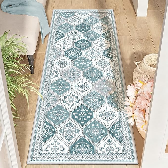 2x6 Teal Rugs, Soft Non-Slip Boho Moroccan Rug Runner, Low-Pile Printed Indoor Runners for Entryway, Hallways, Kitchen, Laundry Room, Bedside- Teal
