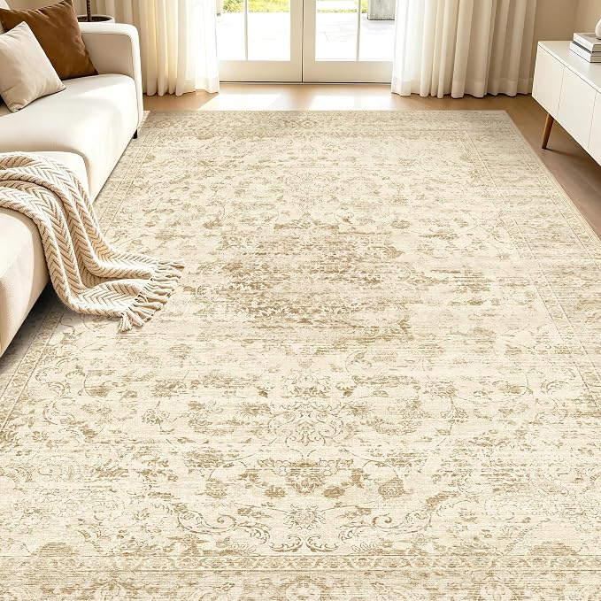 Beige Washable Rug 5x7,Non-Slip Neutral Vintage Boho Carpet Thin | Nursery Area Rug for Bedroom, Living Room and Dining Room, Low Pile with Non-Slip Silicone Backing, Non-Shedding
