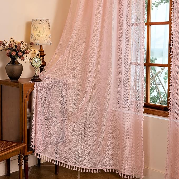Sutuo Home Light Pink Boho Curtains 84 inches Long for Girls Bedroom Living Room,Lace Sheer Window Curtains Crochet Macrame Bohemian Valentine Farmhouse Vintage Tassels Rod Pocket,2 Panels 50" W