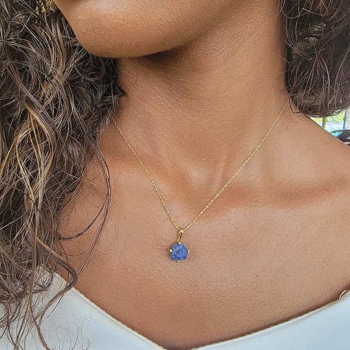 Natural raw gemstone pendant chain necklace with white gold over 925 solid sterling silver, birthstone dainty solitaire gift for her, uniquelan jewelry