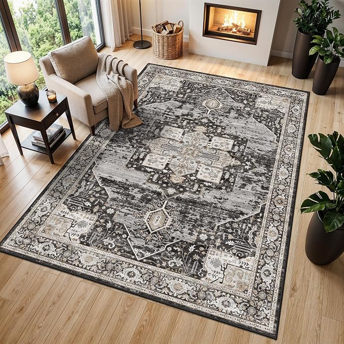 RUUGME Living Room 8x11 Area Rugs, Washable Non-Slip Low Pile Soft Rugs,Boho Distressed Indoor Carpet for Bedroom Dining Room Playroom Home Office 8x11 Black