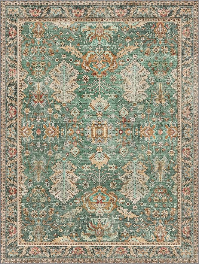 Bavni Washable Rug-9x12 Area Rugs for Bedroom Non-Slip, Ultra Thin Low Pile Living Room Rug, Modern Printed Decorative Rug for Dinning Room Office, Sage/Gold