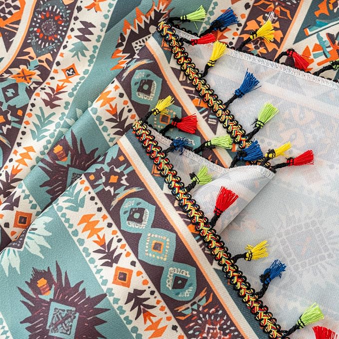Teal Orange Geometric Curtains 72 Inches Long, Boho Farmhouse Light Filtering Rod Pocket Drapes with Tassel Trim for Bedroom Living Room, 2 Panels